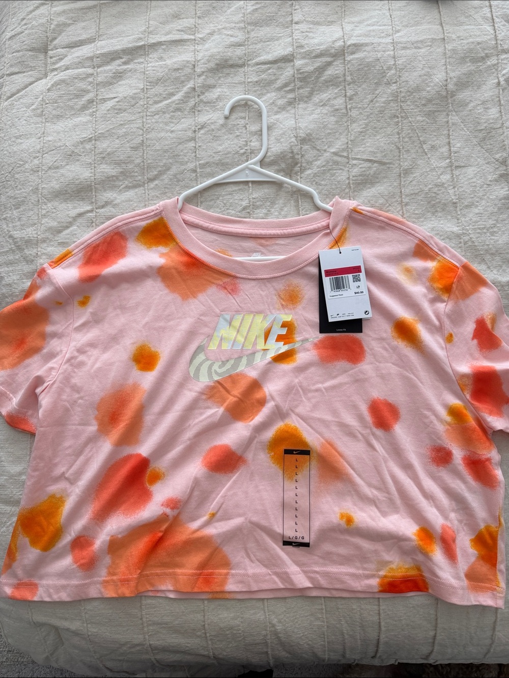 Brand New Nike Pink Tie-Dye Crop Tee with Orange & Yellow Accents